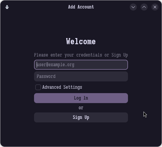 Gajim Log in screen