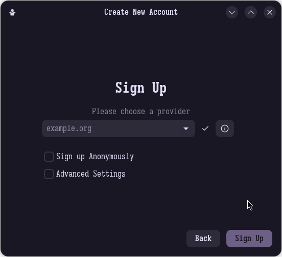 Gajim Sign up screen